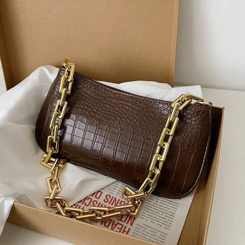 

Сумка на плечо с толстой цепочкой и крокодиловым узором, 2021, женская брендовая кожаная модная сумочка-Багет, универсальная женская сумка, же...