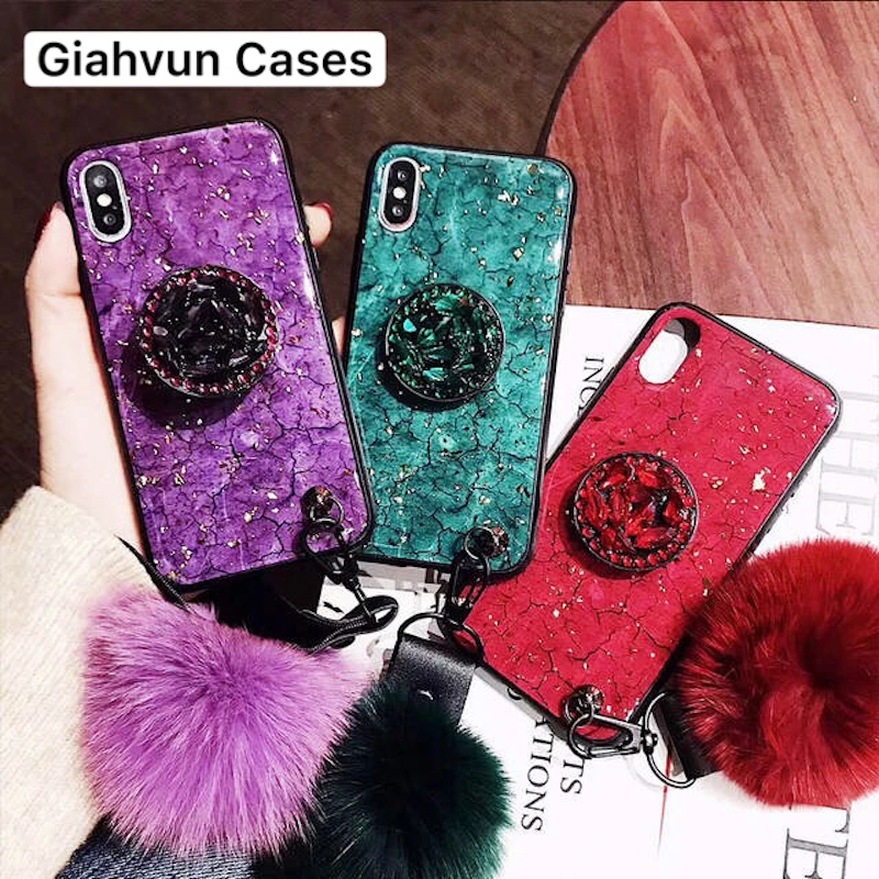 Чехол для телефона с мраморным блестящим держателем и меховым помпоном Samsung Galaxy S7