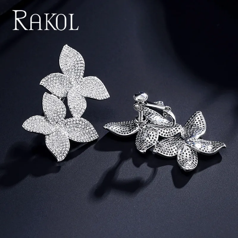Clip Earrings RAKOL Новая мода Роскошный кубический цирконий кристалл микро инкрустация лист серьги для элегантных женщин свадебный ужин платье ювелирные изделия - Окраска металла: Clip Earrings