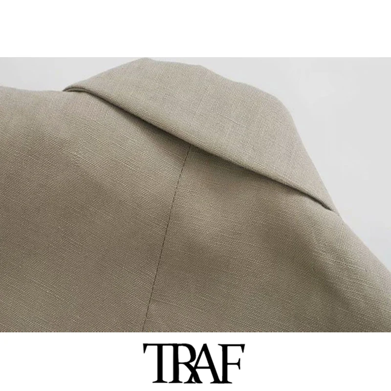 

TRAF Women Fashion Office Wear Linen Blazers Coat Vintage Rolled-up Sleeves Pockets Female Outerwear Chic Tops