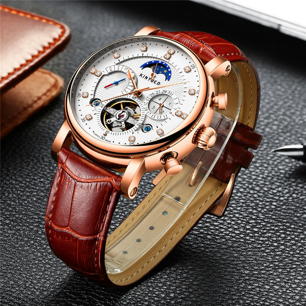 KINYUED Leather Diamond Display Mechanical Watch Mens Watches Top Brand Luxury Automatic Tourbillion Calendar Moon Phase | Наручные часы