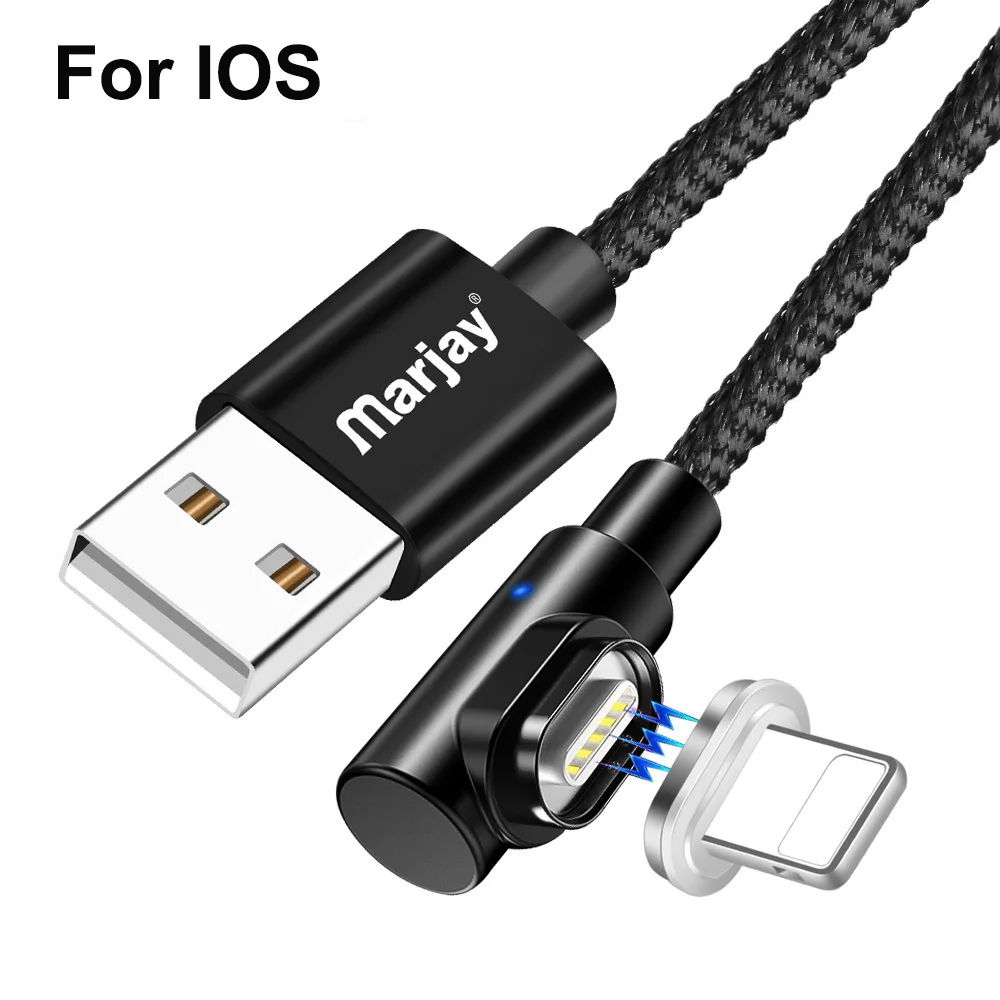 Магнитный кабель Marjay, 90 градусов, Тип C, Micro USB C, быстрая зарядка, Microusb type-C, магнитное зарядное устройство, usb c, зарядный Шнур для iphone 7, 6 - Цвет: Black IOS Cable
