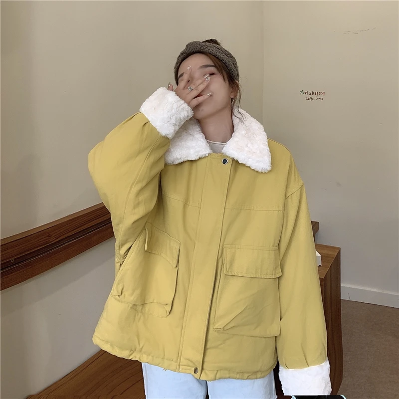 

Winter Puffer Jacket for Women Long Sleeve Casual Button Down Coat Female Korean Style Outerwear Elegant Fur Coats Ladies