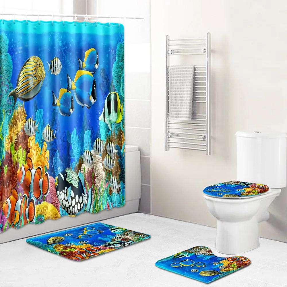 

Набор занавесок для душа серии Ocean World, комплект из четырех унитазов, напольный коврик, занавеска для душа