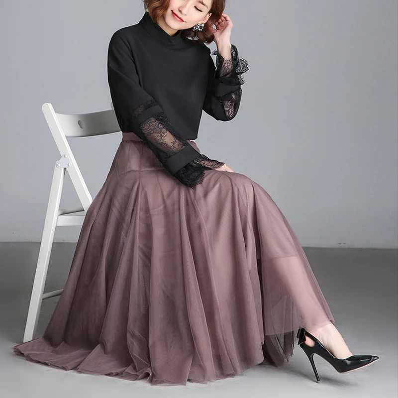 Женская винтажная юбка с высокой талией трехслойная мягкая трапециевидная макси