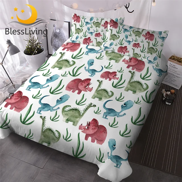 BlessLiving Dinosaurs Bedding Set Jurassic Duvet Cover Leaf Bedclothes Cartoon Kids Bed Cover Watercolor Cute Bed Set Dropship 1