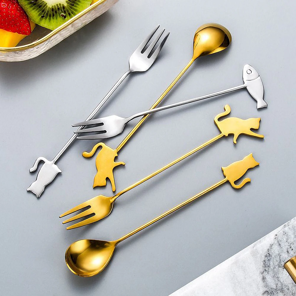 

Creative Fish Cat Coffee Stirring Spoon Fork Stainless Steel Polished Fruit Fork Dessert Tea Spoon Kitchen Bar Accessories