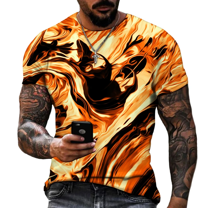 

Fiery Orange Black Stitching, Simulation 3D Printing Pattern, Fat Physique, High-quality Lycra Cotton, Boutique Men's Top 9XL