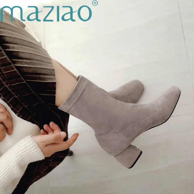 Женские ботинки с острым носком эластичные ботильоны на толстом высоком каблуке