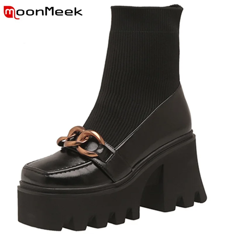 

MoonMeek 2022 New Arrival Women Winter Boots Hot Sale Fashion Ankle Boots Platform Metal Decoration Genuine Leather Modern Shoes