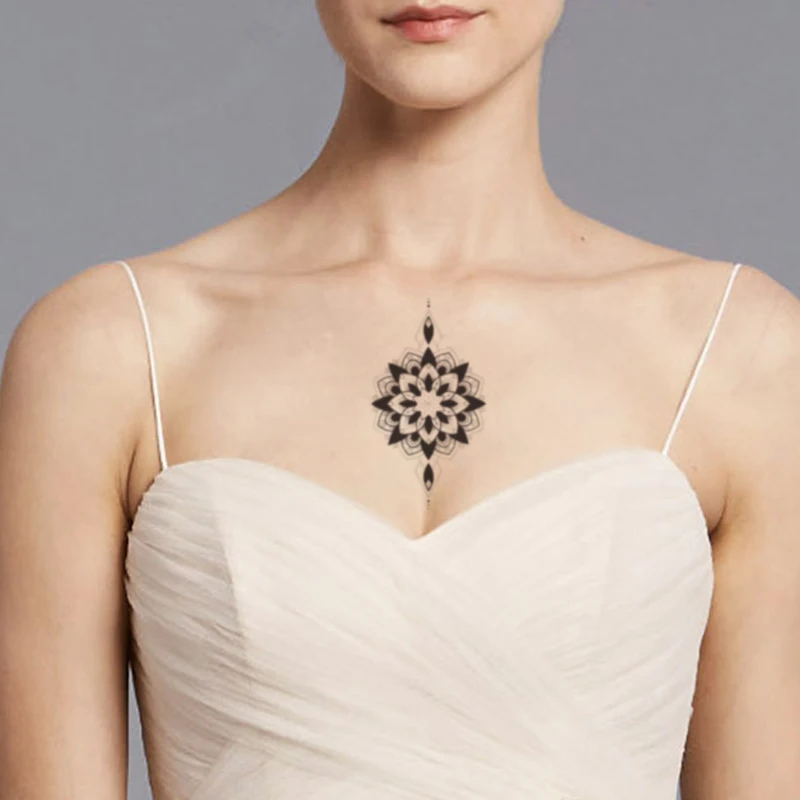

Fashion Women Temporary Tattoo Sticker Black Totem Tattoo Transfer Sanskrit Mandala Sun Tattoos Chest Neck Body Art Fake Tattoo