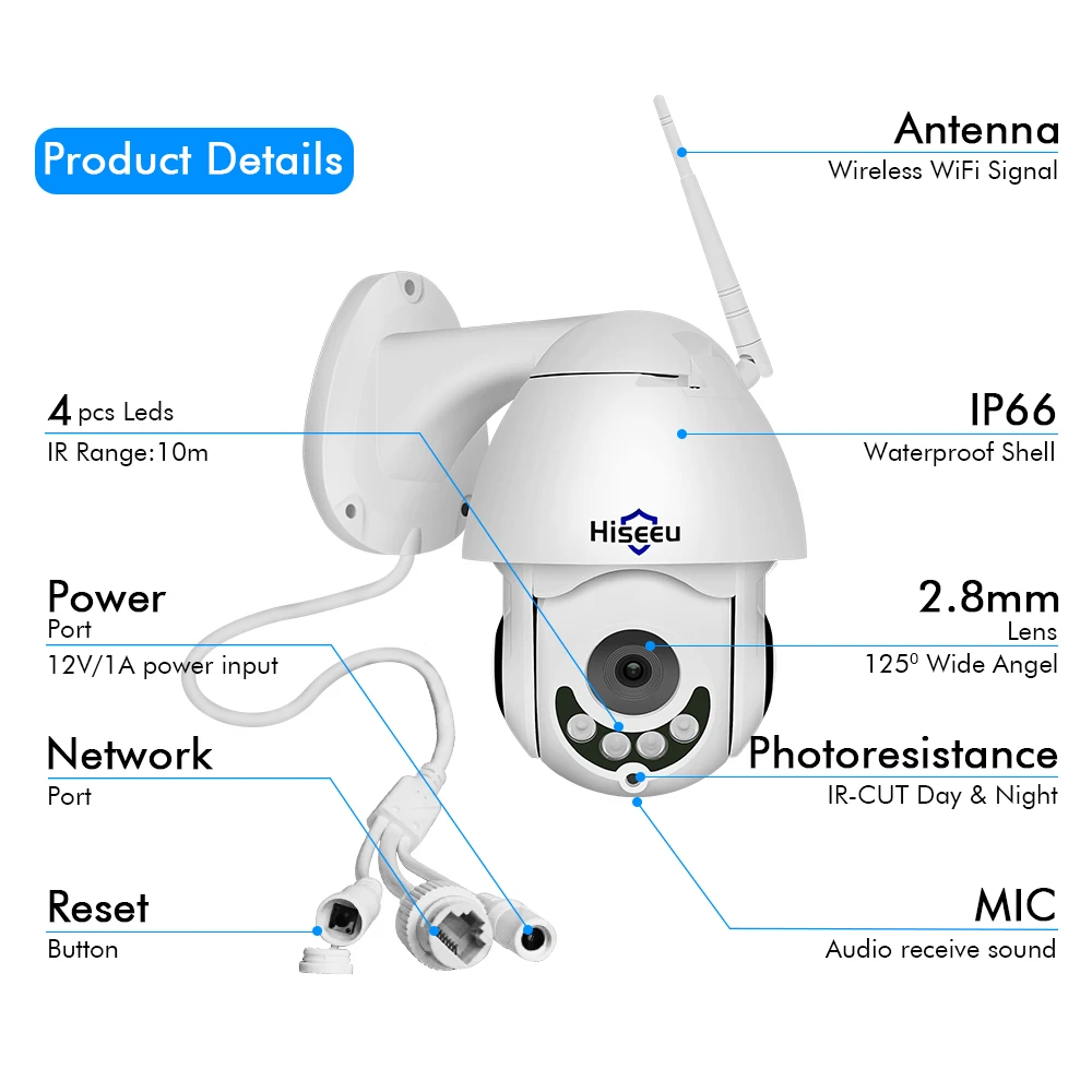 Hiseeu 1080P IP камера Wifi Водонепроницаемая мини PTZ скоростная купольная наружная 2MP IR