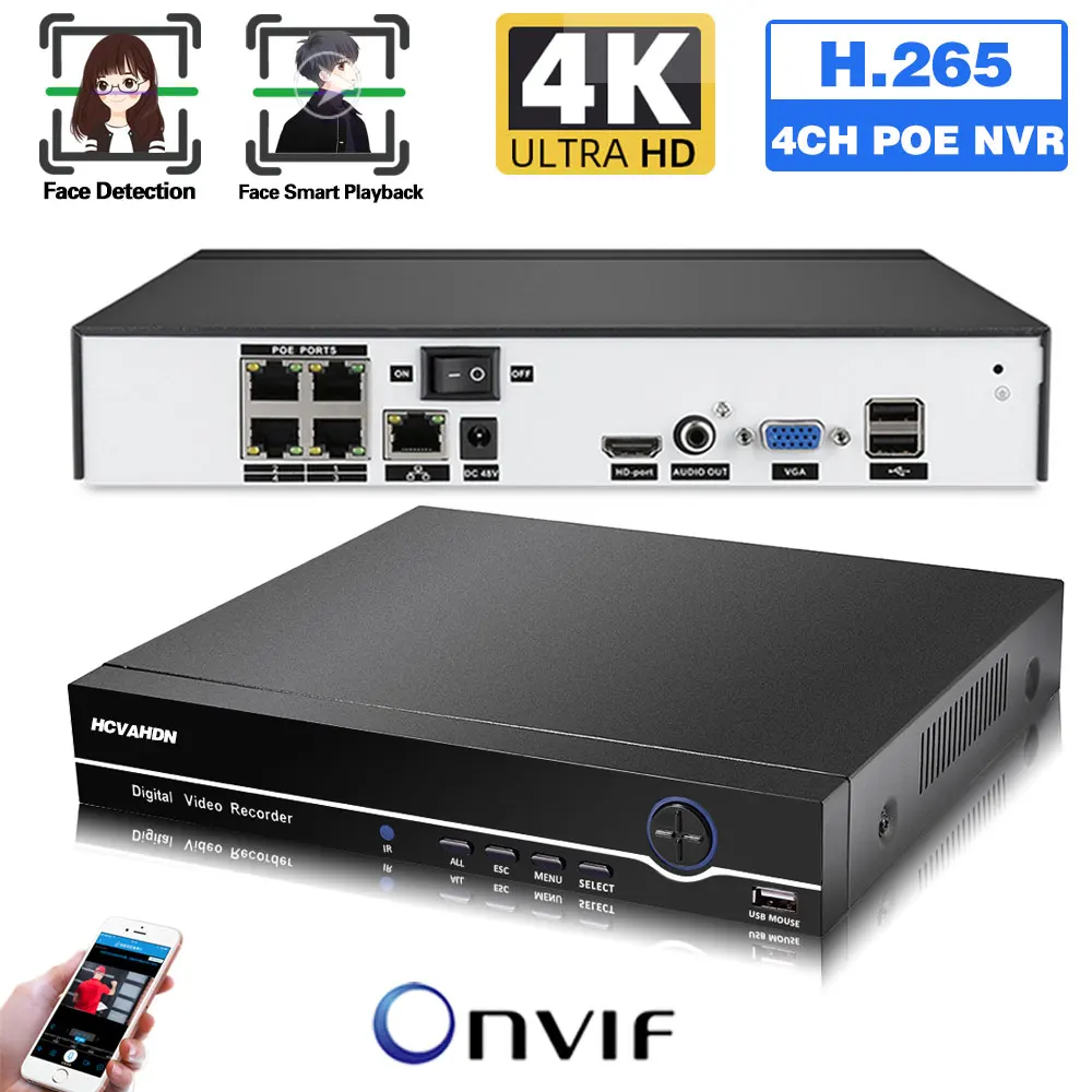 

4K POE NVR IP Video Recorder 4CH Face Detection CCTV Security Surveillance Recorder for IP Camera System XMEYE 4 Channel NVR 8MP