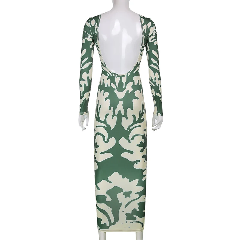 

CIBBAR Printed Sexy Backless Maxi Dress Women Long Sleeve Bodycon Elegant Party Summer Dresses Ladies Fashion Casual Streetwear