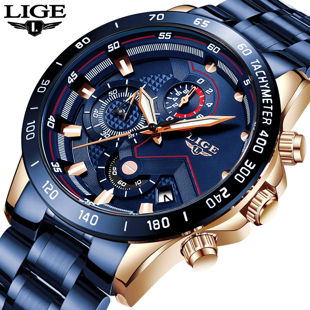 

LIGE Men Watches Top Brand Luxury Stainless Steel Blue Waterproof Quartz Watch Men Fashion Chronograph Male Sport Military Watch