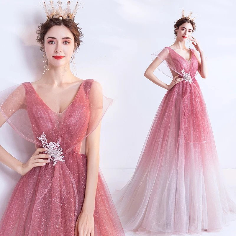 Pink Evening Dress A-line V-neck Sequins Tulle Long Formal Elegant 2020 New Party Dresses Gowns Vestido De Festa JK82 | Свадьбы и