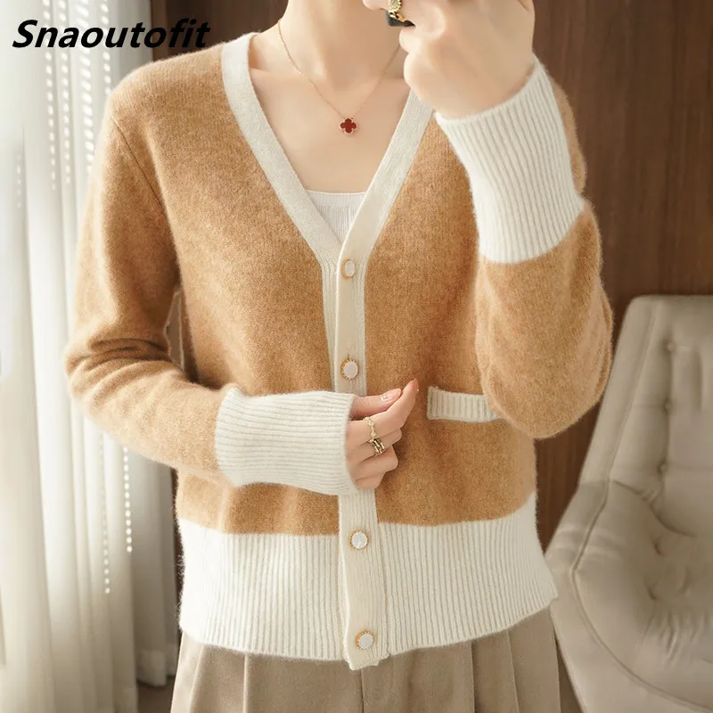

Кардиган женский Snaoutofit, с V-образным вырезом, с длинным рукавом, короткий, тонкий, весна-осень, шерстяной свитер