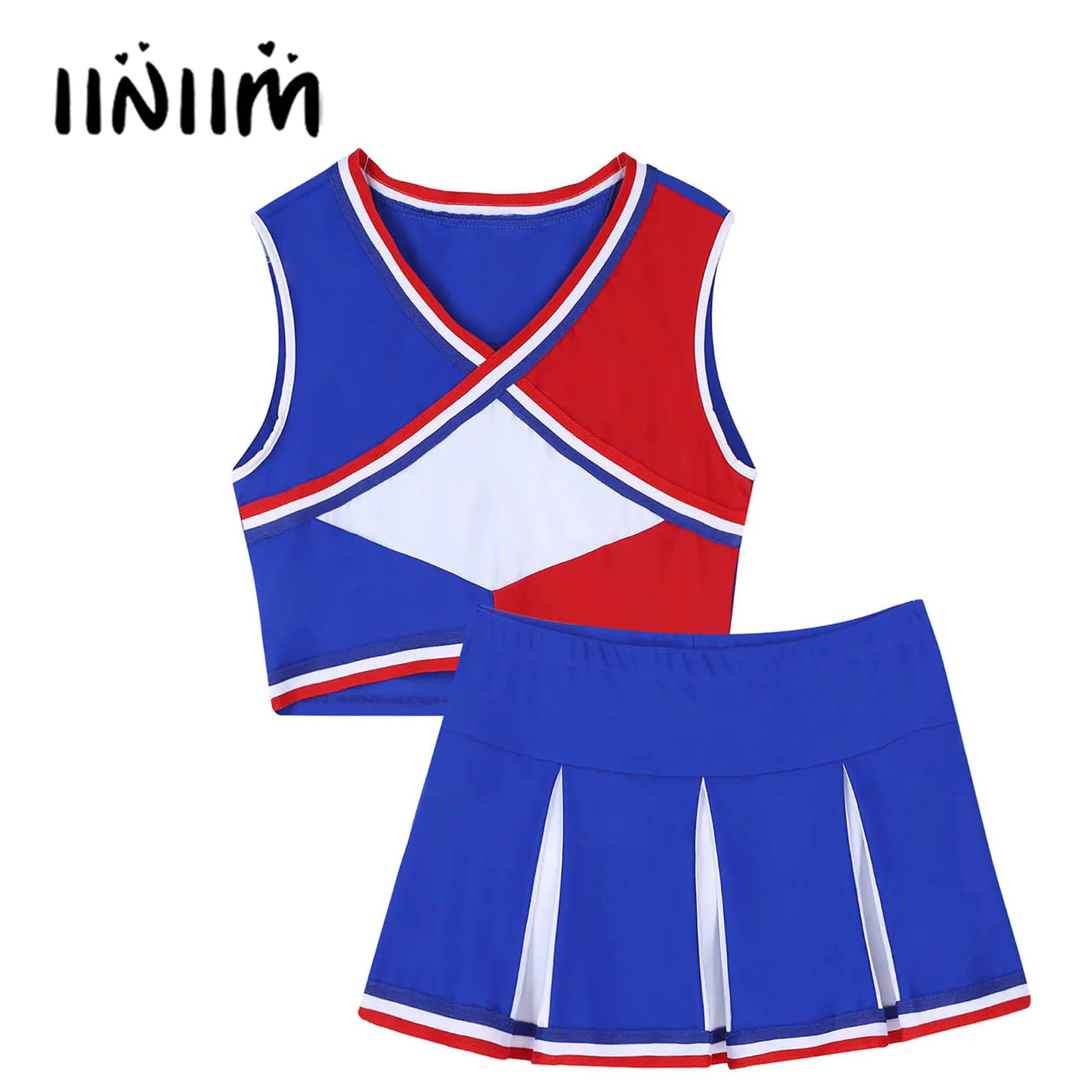 

Женский Цветной костюм для школьниц, одежда для чарлидинга, костюм для ролевых игр, короткий топ без рукавов с V-образным вырезом и плиссиров...