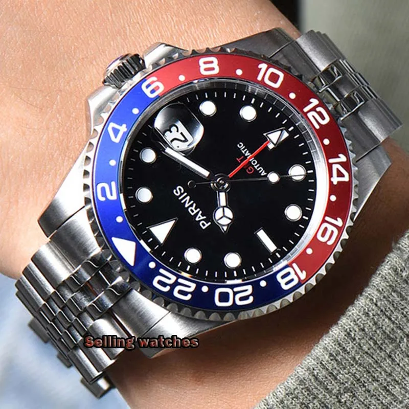 Мужские часы с автоподзаводом PARNIS черные 40 мм пряжкой t браслет для юбилей модель