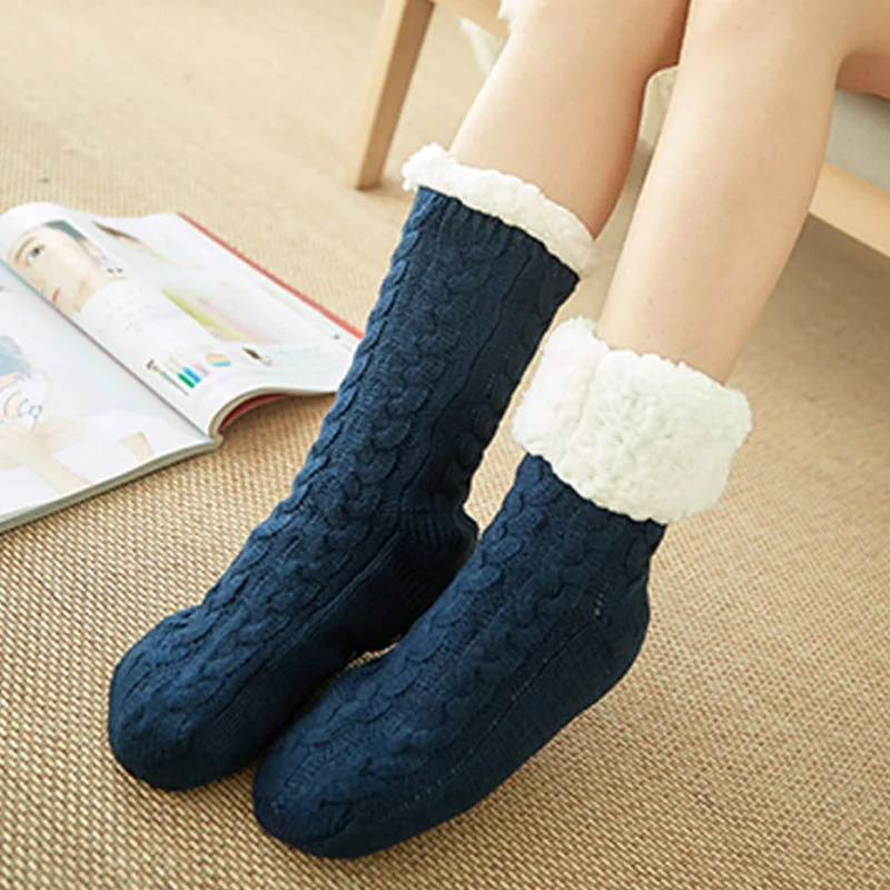 toivotuksia autumn winter thicken plush knitted cotton socks women non slip home floor socks warm mid calf hosiery for house sli free global shipping