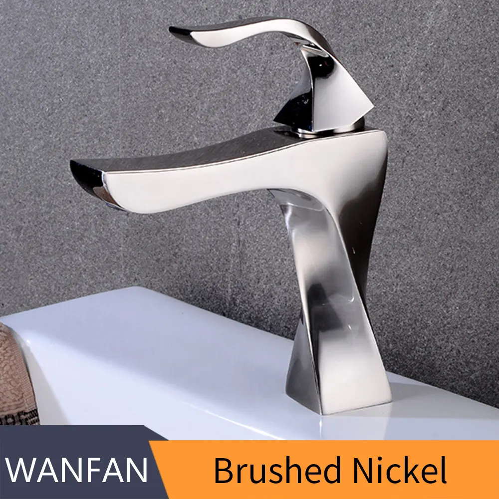 Brushed Nickel Смесители для раковины, латунные краны, современный с одной ручкой, смеситель для ванной комнаты, смесители для горячей и холодной воды, кран для умывальника, MKQ1-R - Цвет: Brushed Nickel