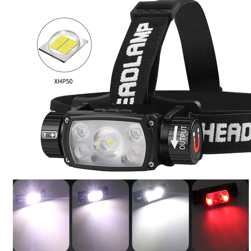 Фонарь налобный водонепроницаемый с датчиком движения 6 режимов XHP50 + 2 * XPE красных