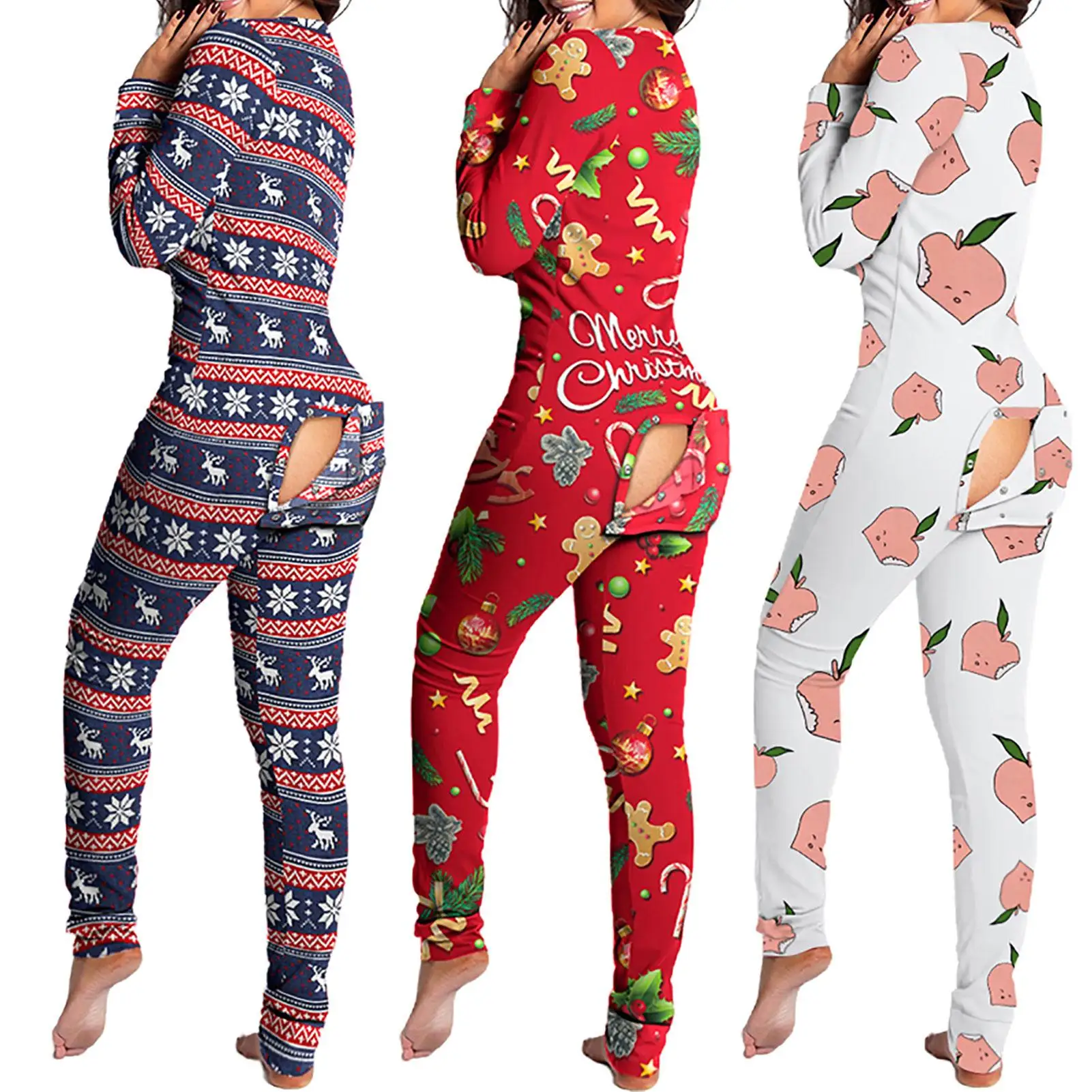 

2021 Women Sexy Christmas Print Pajama Buttoned Onesies Sleepwear Butt Bum Open Ass Flap Jumpsuit Xmas Print Long Romper Nightie