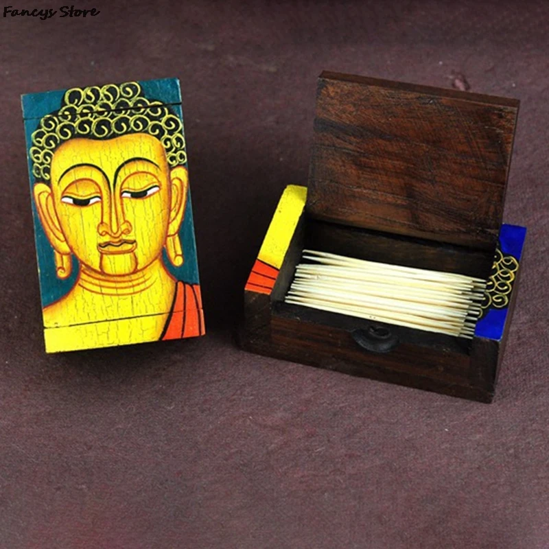 

Buddha Face Cotton Swab Jewelry Storage Box Teak Retro Organizer Creative Gift Mother Vintage Ornaments Random Color Wooden Box