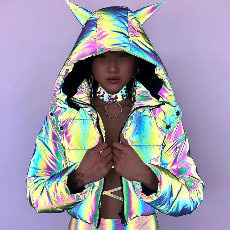 01 SheBlingBling, Осень-зима, светоотражающие короткие парки, Женская куртка-пуховик с длинным рукавом, на молнии, шикарные роговые шапки, повседневные женские пальто - Цвет: 01