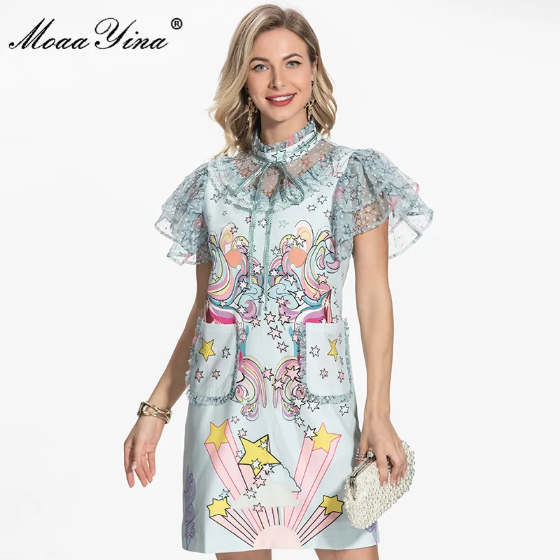 

MoaaYina Fashion Designer Summer Short Blue Dress Women's Mesh Flare Sleeve Lace Printed Beading Elegant Party Mini Dress