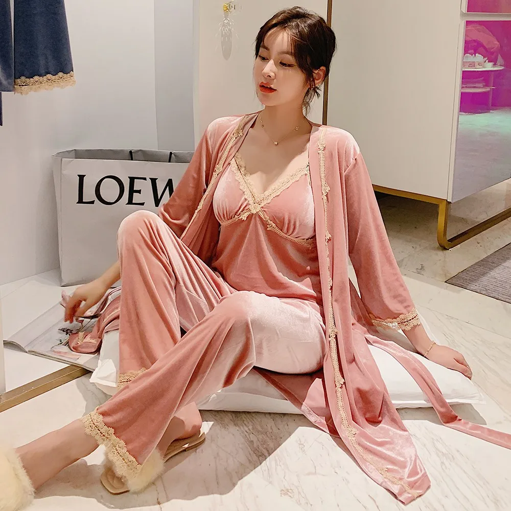 

Sexy Nightwear 3PCS Sleep Set Women Velvet Pajamas Suit Pyjamas Autumn New Lace Trim Home Clothes Loose Velour Intimate Lingerie