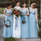 Светлые голубые блестящие макси платья YiMinpwp до пола с коротким рукавом и круглым вырезом, кружевные аппликации для гостей деревенской свадьбы