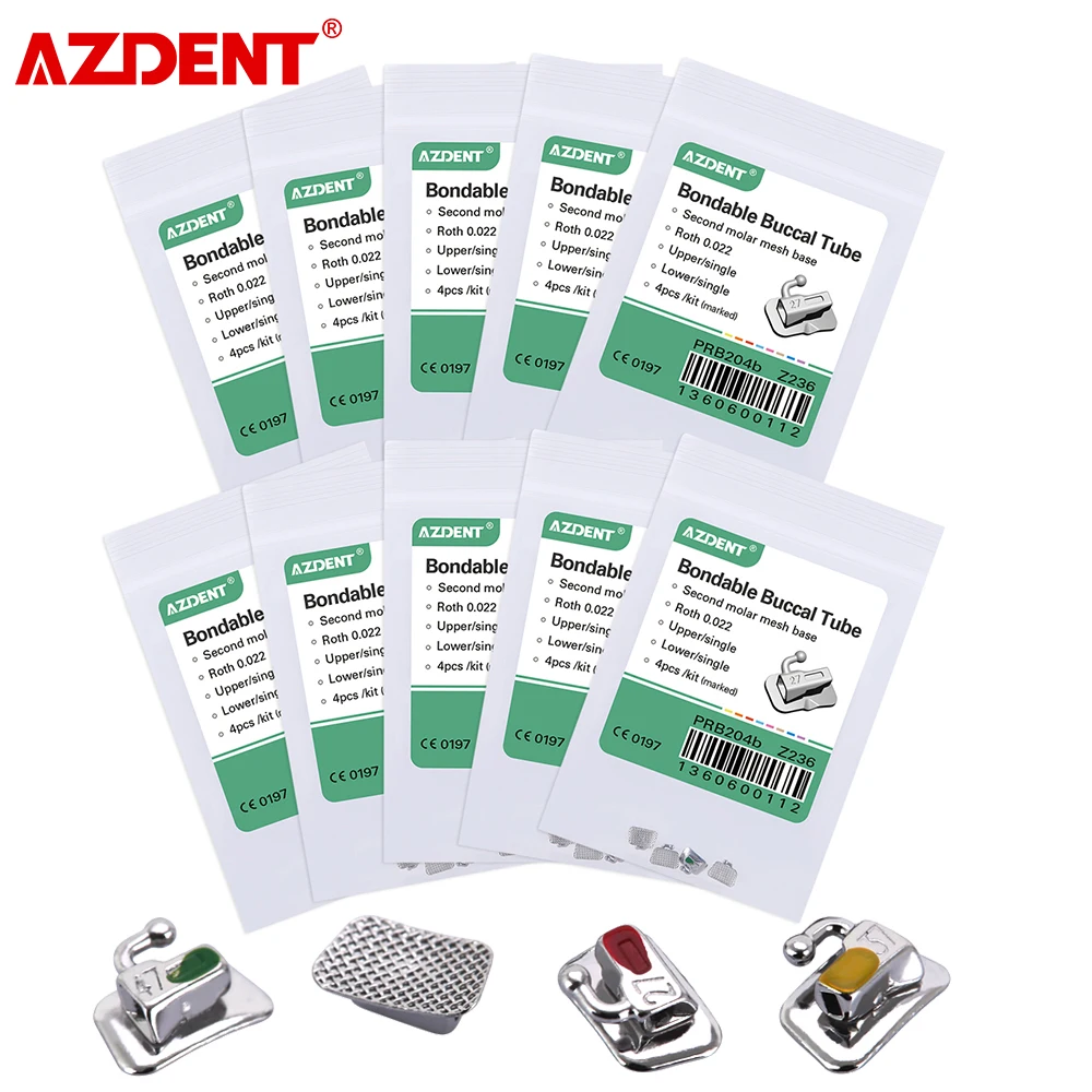 

AZDENT 10 Kits Dental Orthodontic Bondable Buccal Tube 1st / 2nd Molar Mesh Base Non-Convertible Single Tube Roth / MBT/Edgewise