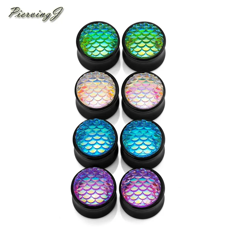 14mm mixed color Пирсинг J двойные вспышки Твердые Акриловые тоннели Для Ушей Пробки измерительные приборы 6-16 мм чешуя Русалки цвета - Окраска металла: 14mm mixed color