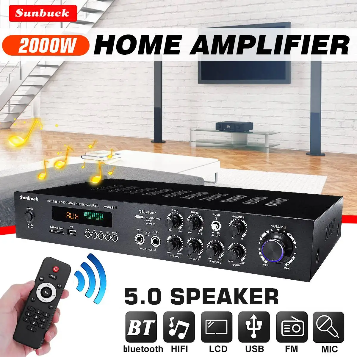 

SUNBUCK Bluetooth Amplifier HIFI AV Power Audio Processor HiFi Stereo Surround Sound Digital Powerful Home Karaoke Music Player