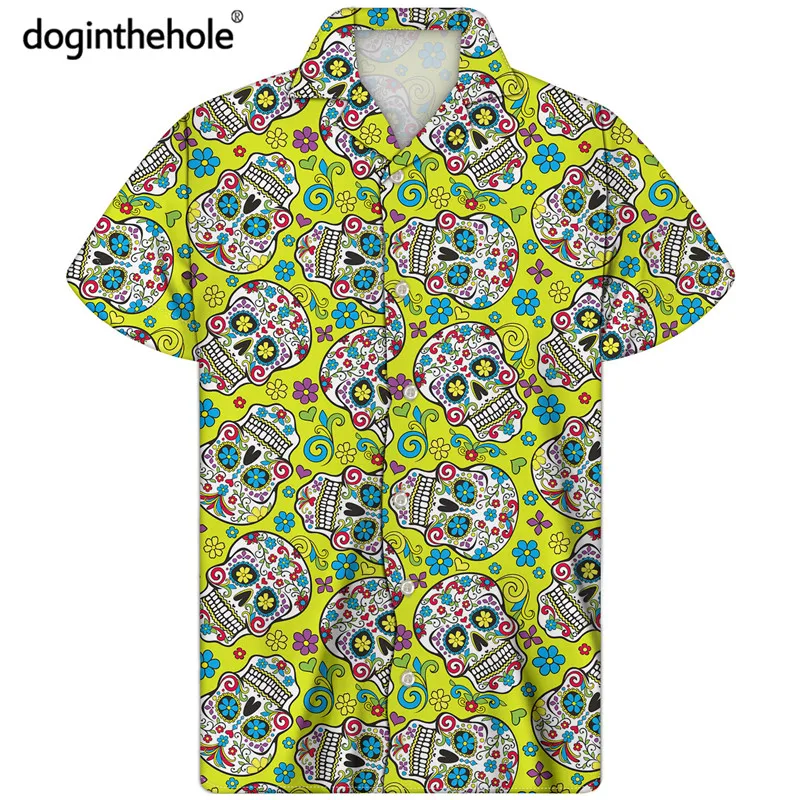 

Рубашка Doginthehole мужская с коротким рукавом, модная пляжная сорочка в готическом стиле, дышащий топ с забавным принтом в виде сахарного череп...