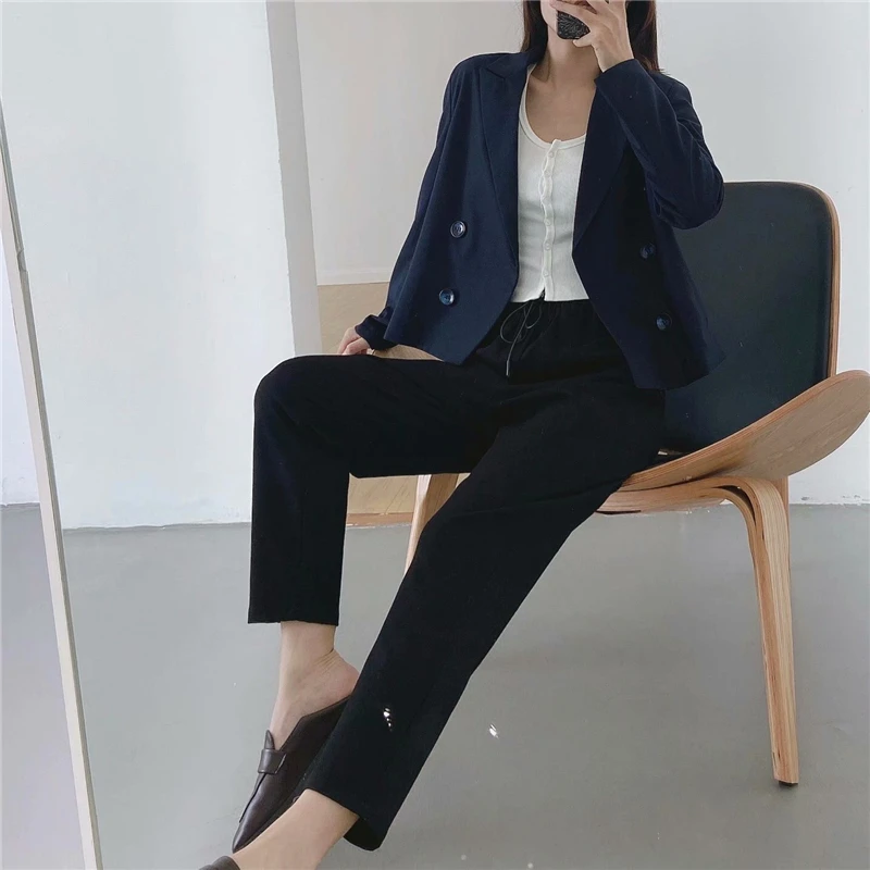 

TMODA587 Za Women 2021 Fashion Double Breasted Cropped Navy Blazer Coat Vintage Long Sleeve Female Outerwear Chic Tops