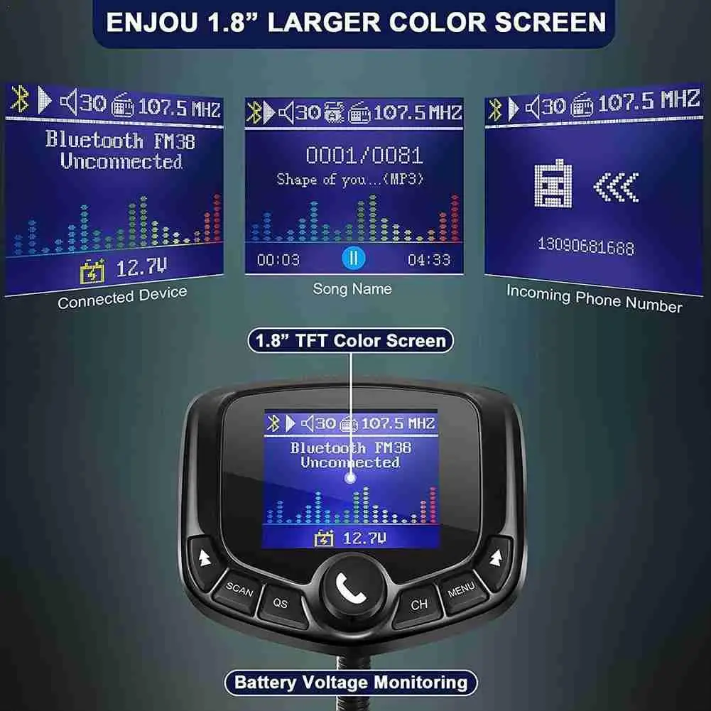 

FM-трансмиттер с цветным ЖК-экраном 1,8 дюйма, 3 USB-порта