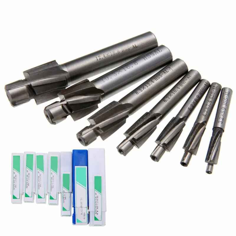7pcs M3.2-M12.4 HSS Counterbore End Mill Pilot Slotting Tool Milling Cutter