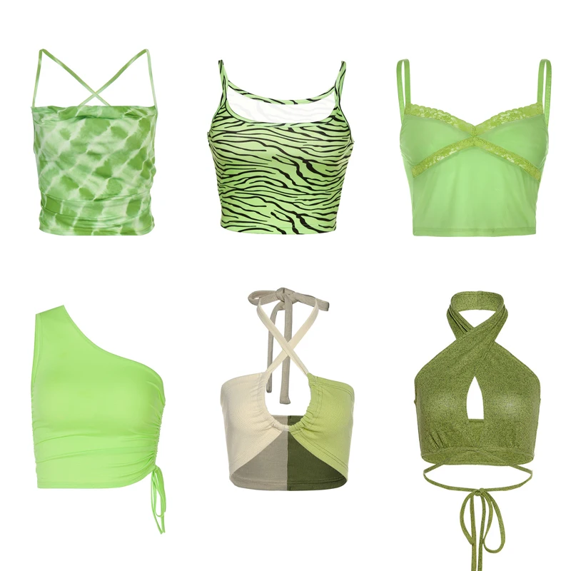 

2021 Summer Green Crop Top Y2K Aesthetic Women Sexy Backless V-neck Camisole 90s Fashion Sleeveless Tank Top Vest High Street