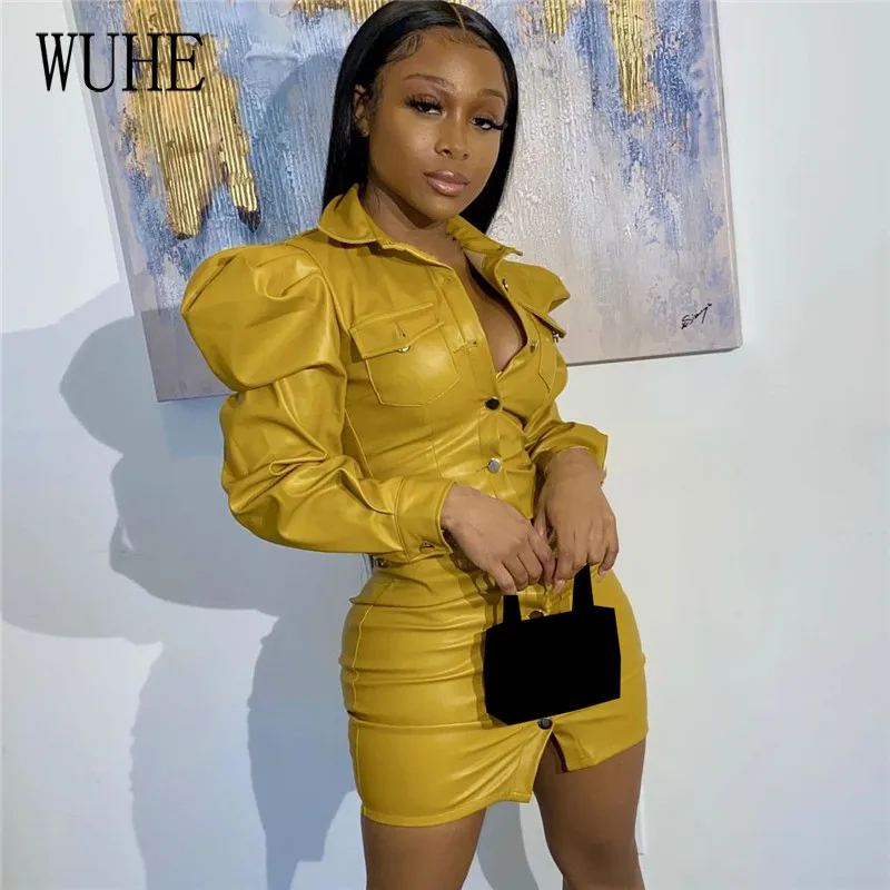 

KEXU Faux Leather PU Dress Elegant Women Turn Down Collar Long Puff Sleeve Single Breasted Pocket Skinny Package Hip Club Street