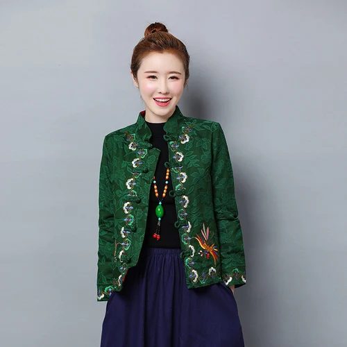 Осень и зима Вышивка Ретро женское пальто этнический стиль Цветочный Зеленый