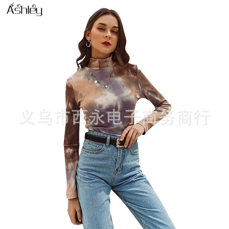 

Ashley Short soft printing winter shirt High street style fit rhigh collar shirt women Skinny pullover tie-dyed contrast tops