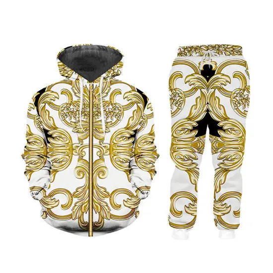 zipper hoodie sets Барокко 3d мужские спортивные костюмы наборы роскошный дворец золотой цветок печати на молнии с капюшоном тренировочные брюки комплект из 2 предметов на заказ одежда унисекс - Цвет: zipper hoodie sets