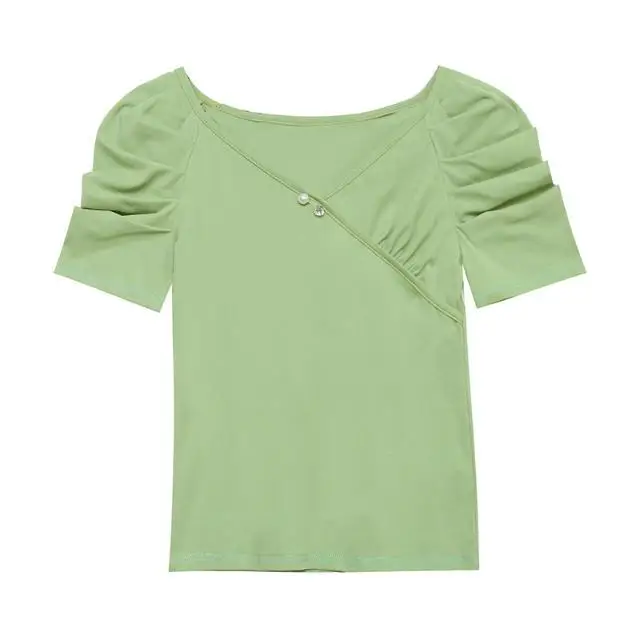 

2021 summer new solid color V-neck shoulder pleat slim short sleeve solid color T-shirt short slim top