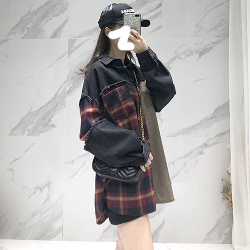 

DEAT 2019 New Women's Fashion Turn-down Collar Long Sleeve Plaid Stitching Denim Shirt Chic Jacket Summer And Autumn 7E1334