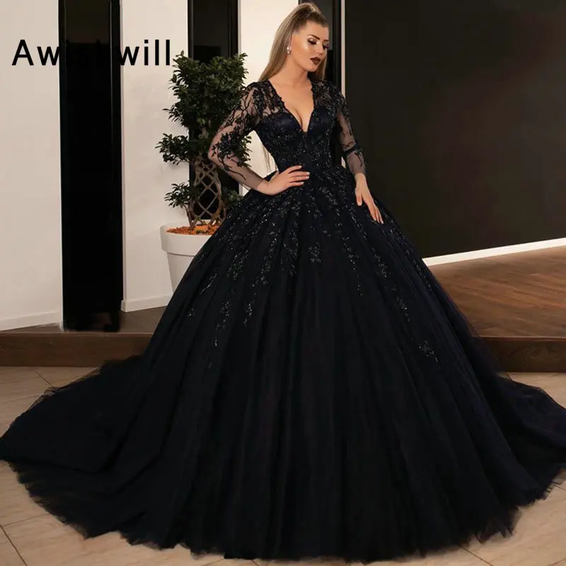 

Arabric/черное бальное платье, вечернее платье с длинными рукавами, v-образным вырезом, бисером, кружевной аппликацией, фатиновое вечернее плат...