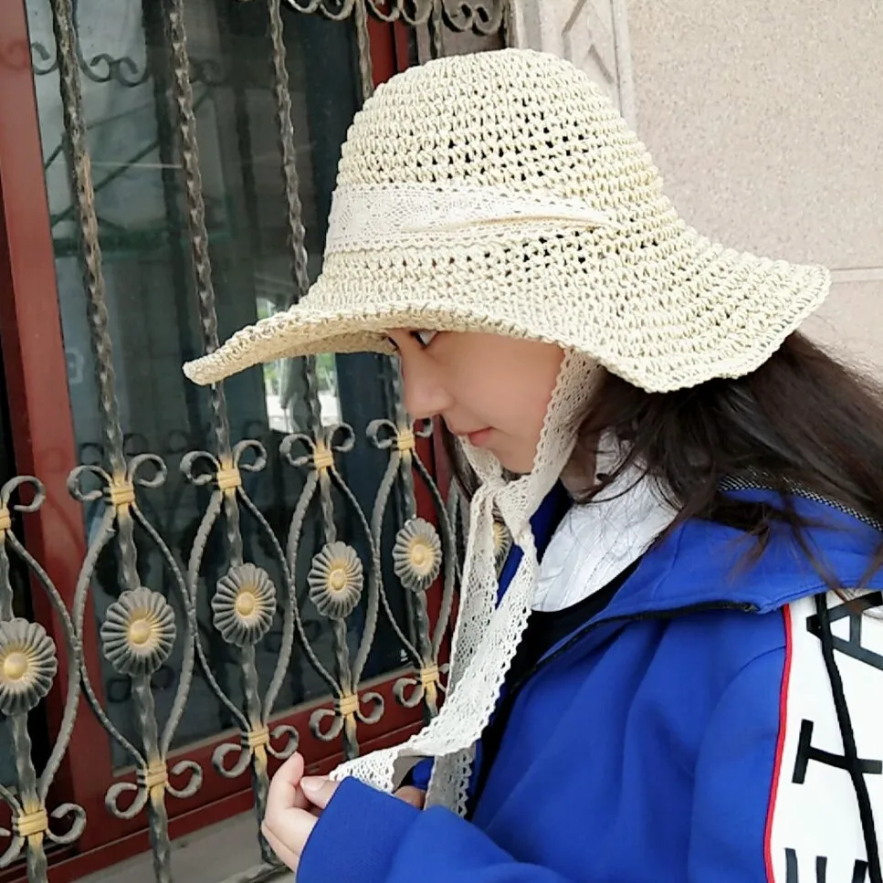 

Hat Female Summer Korean Style Bandage Lace Straw Hat Windproof Beach Sun Hat Beautiful Photo Hollow Sun Hat Art