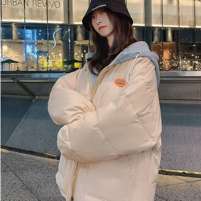 2021 Winter Hooded Cotton Padded Parkas Women's Harajuku Ins Fake Two Pieces Of Plush Thickened Down Clothes