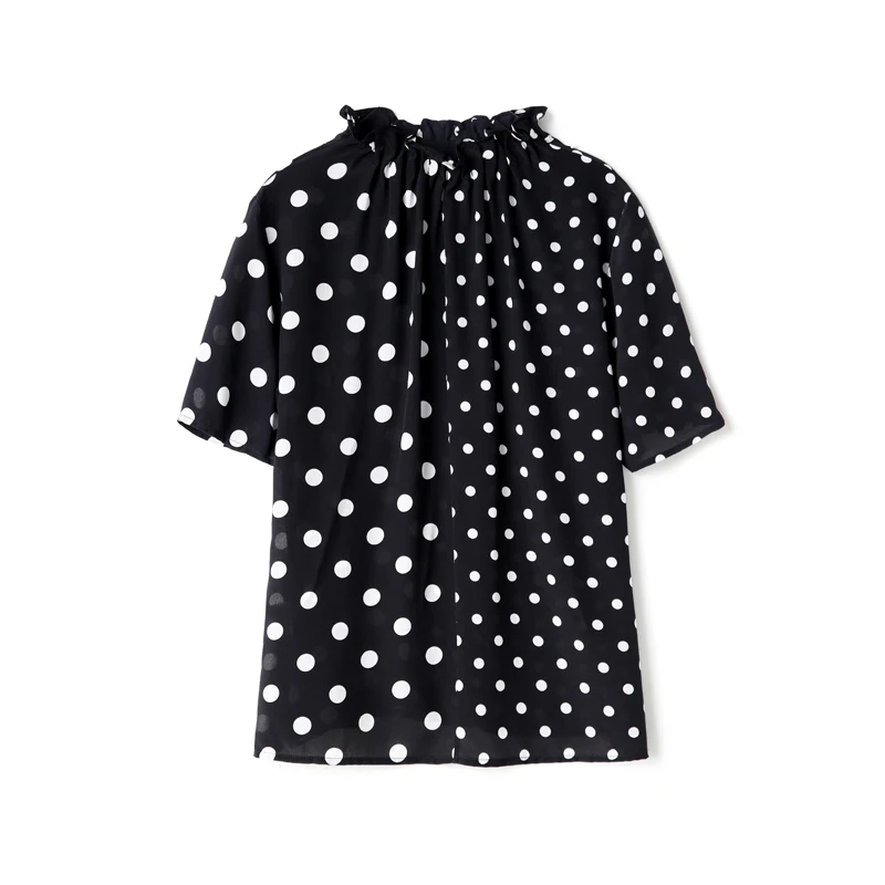 

100% Silk Women's Shirt O Neck Short Sleeves Ruffles Polka Dots Printed Pullover Fashion Casual Blouse